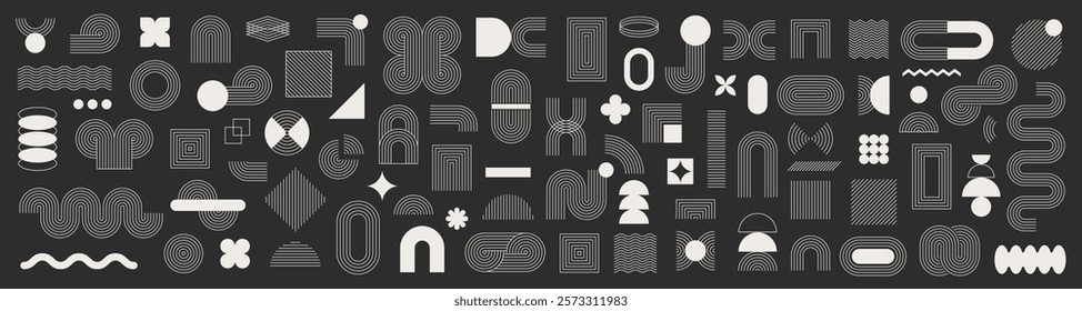 Set of abstract graphic element. Geometric shapes. Memphis design, sticker pack, y2k,  aesthetics, brutalism, retro elements, vintage. Vector illustration with wavy and zig zag elements.