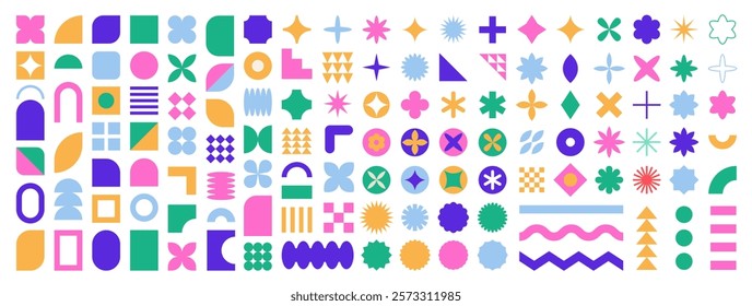 Set of abstract graphic element. Geometric shapes. Memphis design, sticker pack, y2k,  aesthetics, brutalism, retro elements, vintage. Vector illustration with wavy and zig zag elements.