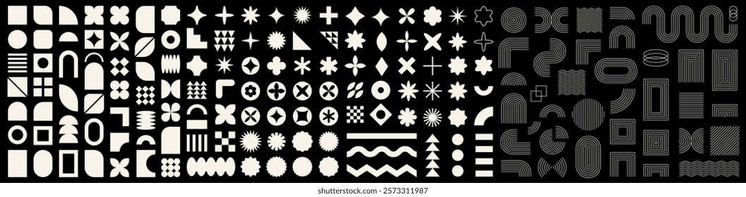 Set of abstract graphic element. Geometric shapes. Memphis design, sticker pack, y2k,  aesthetics, brutalism, retro elements, vintage. Vector illustration with wavy and zig zag elements.