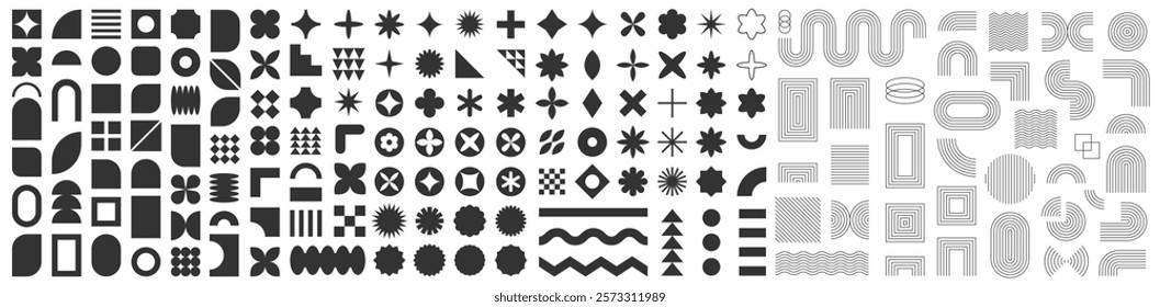 Set of abstract graphic element. Geometric shapes. Memphis design, sticker pack, y2k,  aesthetics, brutalism, retro elements, vintage. Vector illustration with wavy and zig zag elements.