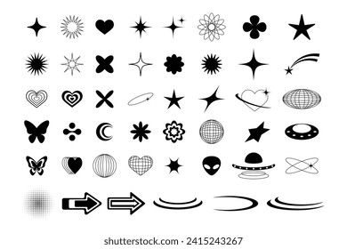 Set of abstract graphic geometric elements in y2k style for design.Collection isolated.Vector stock illustration.