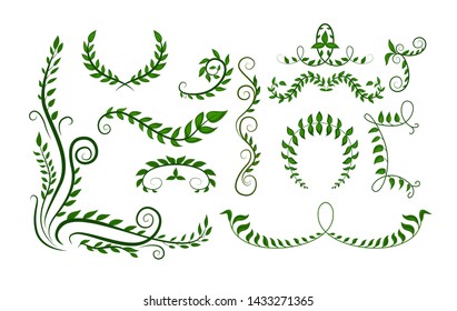 Set with abstract graphic green botanic elements with branches and leaves. Great element for card design.