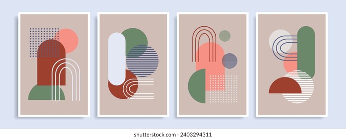 Set of abstract graphic posters. Modern background with geometric shapes. Decor in boho style. Vector.