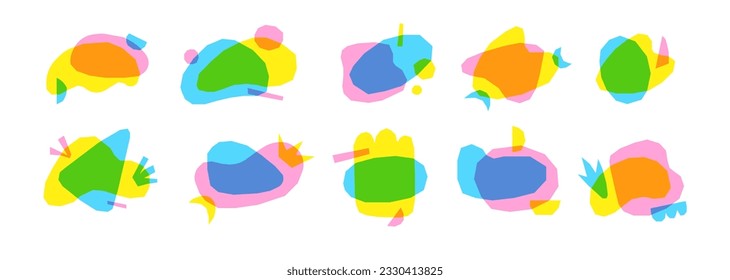 Conjunto de formas gráficas abstractas y objetos de doodle. Composiciones de formas amorfas. Composiciones brillantes de figuras simples y formas en estilo risográfico.