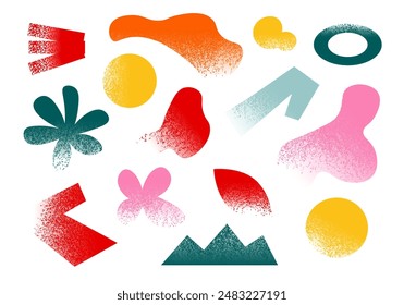 Set of abstract graphic shapes with noisy effect in flat cartoon design. Bright colors and whimsical design with this set of illustrations with various shapes of spots. Vector illustration.
