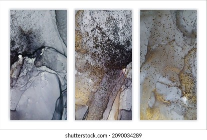 Set of abstract gray with gold particles marble backgrounds.  Hand-painted in alcohol ink technique. Vector. Template for banner, poster design. Fluid art painting