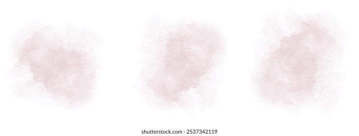 Set of abstract grayish pink watercolor water splash on a white background. Vector watercolour texture in salad color. Ink paint brush stain. Grayish pink splatters spot. Watercolor pastel splash