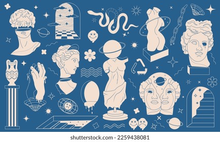 Set of abstract Greek ancient sculpture and retro futuristic elements in trendy surreal psychedelic weird style.Vector illustration