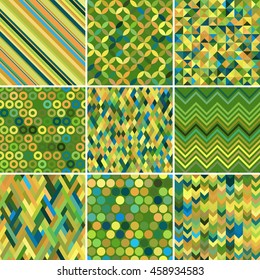 Conjunto de fondo verde abstracto, 9 patrón geométrico, ilustración vectorial. La textura se puede usar para imprimir en tela y papel.