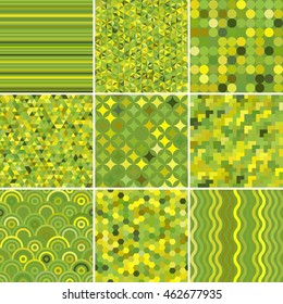 Set of abstract green background, 9 geometric pattern, vector illustration. Texture can be used for printing onto fabric and paper.