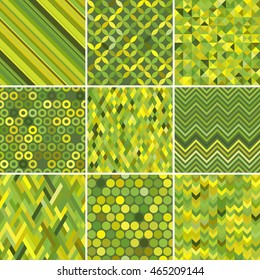 Set of abstract green background, 9 geometric pattern, vector illustration. Texture can be used for printing onto fabric and paper.