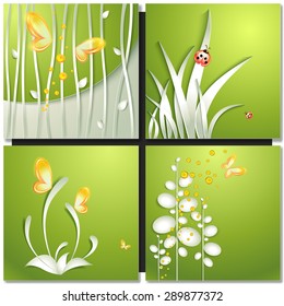 Set of abstract green backgrounds with paper flowers . Eco green concept, summer card