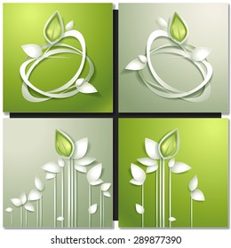 Set of abstract green backgrounds with paper leaves . Eco green concept, spring card
