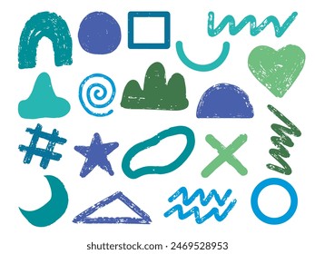 Set of abstract green and blue crooked shapes and doodles. Isolated on white background.