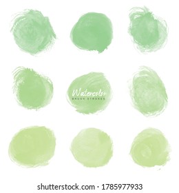Set Abstract Green Circle Watercolor Brush Strokes. 