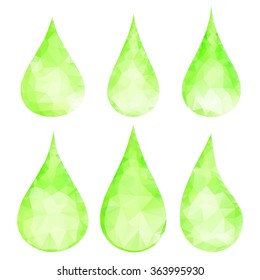 Set of abstract green drops consisting of triangles