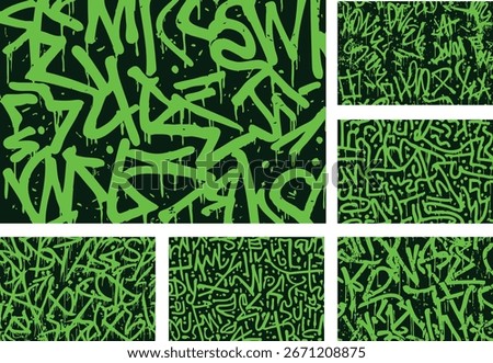 Set of abstract green graffiti tag vectors on black background with dripping spray paint effect, bold urban street art patterns for edgy modern design and wallpaper.