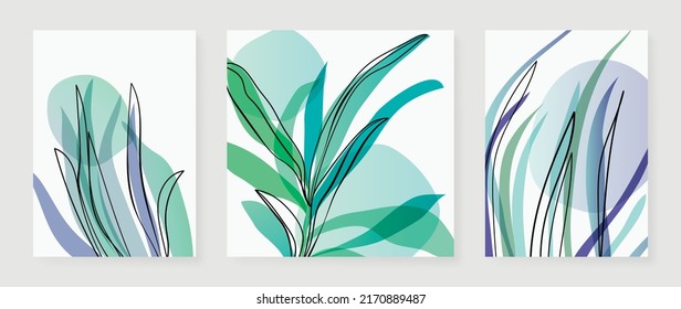 Set of abstract green leaf branch wall art vector. Botanical, leaf branches, plants, tropical foliage in line art. Collection of leaf wall decoration perfect for decorative, interior, prints, banner.