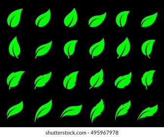 set of abstract green leaf icons on black background