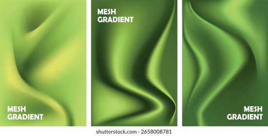 Set of Abstract green mesh gradient satin fabric Texture Background. Realistic vector illustration of green satin fabric texture with waves and folds. 