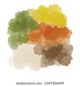 Set of abstract green and orange watercolor water splash on a white background. Vector watercolour texture in salad color. Ink paint brush stain. yellow splatters spot. Watercolor pastel splash