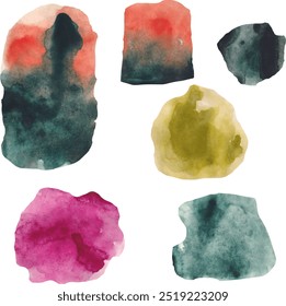 A set of abstract green and orange watercolor spots on a white background