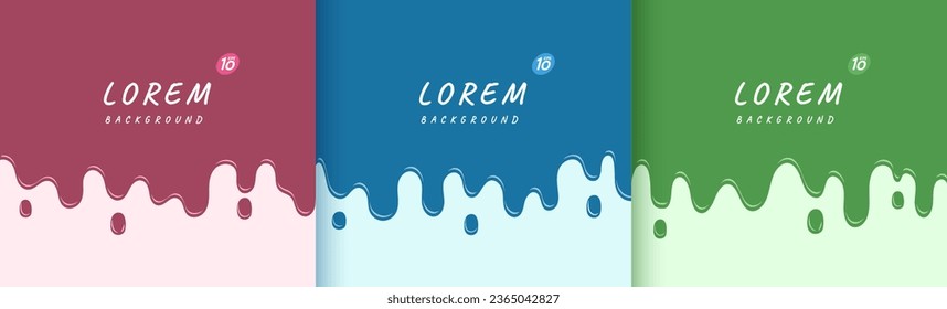 Set of abstract green, pink and dark blue fluid flowing drop with copy space. Melting in minimal style. Simple flat trendy color design for presentation, flyer, brochure, website, front page, book.
