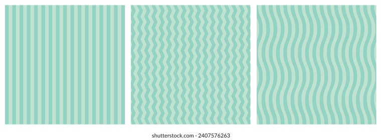 Conjunto de fondos abstractos de rayas verdes, patrón repetido en colores pastel, rayas paralelas, ondas y zigzags