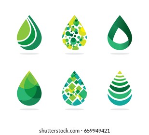 Set of abstract green water drops symbol. Water drop logo, Nature and technology logo concept. Vector logo template