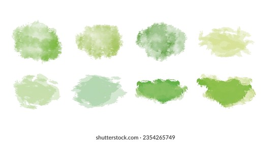 Set of abstract green watercolor water splash on a white background. Ink paint brush stain. Eco natural splatters spot. 