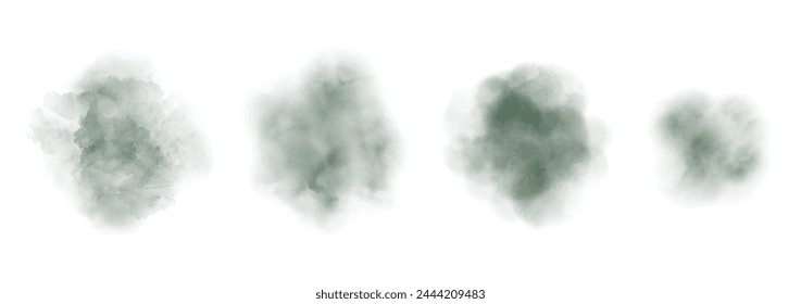 Set of abstract green watercolor water splash on a white background. Vector watercolour texture in salad color. Ink paint brush stain. Green splatters spot. Watercolor pastel splash