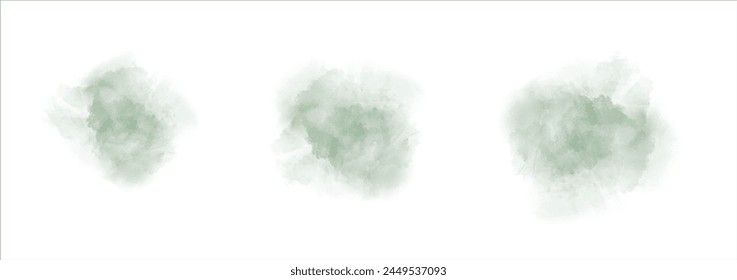 Set of abstract green watercolor water splash on a white background. Vector watercolour texture in salad color. Ink paint brush stain. Green splatters spot. Watercolor pastel splash