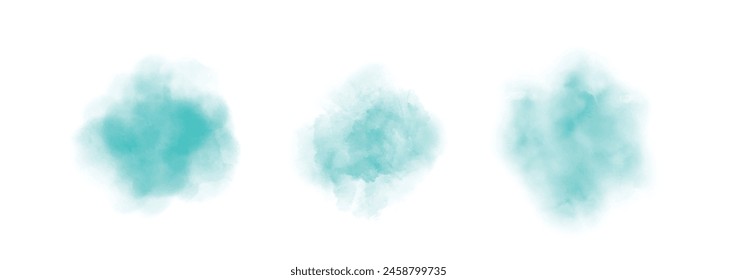 Set of abstract green watercolor water splash on a white background. Vector watercolour texture in salad color. Ink paint brush stain. Green splatters spot. Watercolor pastel splash