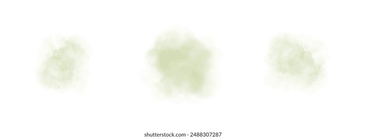 Set of abstract green watercolor water splash on a white background. Vector watercolour texture in salad color. Ink paint brush stain. Green splatters spot. Watercolor pastel splash