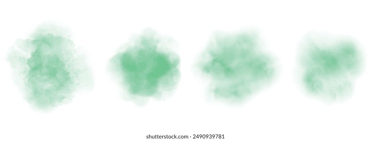 Set of abstract green watercolor water splash on a white background. Vector watercolour texture in salad color. Ink paint brush stain. Green splatters spot. Watercolor pastel splash