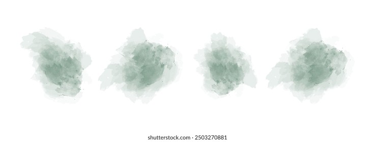 Set of abstract green watercolor water splash on a white background. Vector watercolour texture in salad color. Ink paint brush stain. Green splatters spot. Watercolor pastel splash