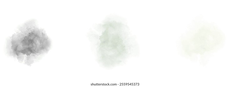 Set of abstract green watercolor water splash on a white background. Vector watercolour texture in salad color. Ink paint brush stain. Green splatters spot. Watercolor pastel splash