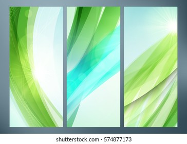 Set of abstract green wave backgrounds for poster, flyer, banner templates. Vector illustration. Spring or summer background. Wave background with light effects