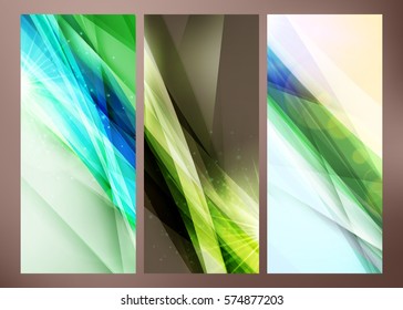Set of abstract green wave backgrounds for poster, flyer, banner templates. Vector illustration. Spring or summer background. Wave background with light effects