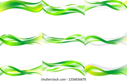 Set abstract green waves on white background suitable for template or wallpaper. Nature or ecology modern pattern. Vector graphic illustration.
