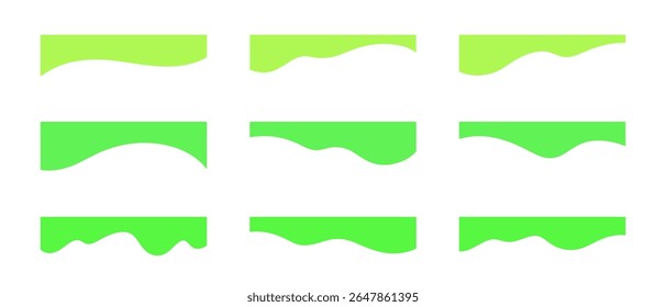 Um conjunto de formas onduladas verdes abstratas de elementos de design, separação de página, banner, ilustração vetorial. Borda superior para decoração, plano de fundo, local para texto, título. Design minimalista moderno 