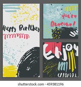 Set of abstract Greeting cards. Hand Drawn textures. Colorful shapes, lines and splashes. Editable templates. Trendy design for poster, card, invitation