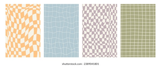 Set abstract groovy 70s seamless patterns. Checkerboard or pool  hippie backgrounds. Y2k aesthetic. Vector texture. 