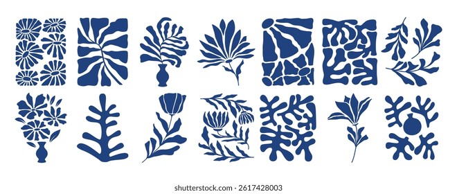 Set of abstract groovy aesthetic elements. Coral and flowers. Floral. Trendy modern shapes. Botanical naive ornament. Minimalistic style. Organic. Doodle cut out. Geometric wallpaper. Pattern