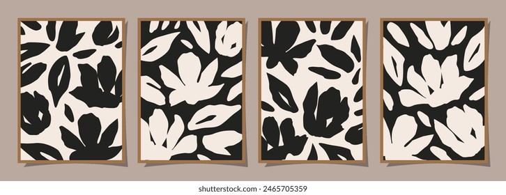 Set of Abstract groovy floral posters. Trendy botanical wall art with flower design print in black and white colors. Modern naive for interior decor, cover, card, background and minimal print.