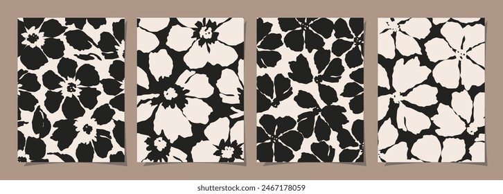 Set of Abstract groovy floral posters. Trendy botanical wall art with flower design print in black and white colors. Modern naive for interior decor, cover, card, background and minimal print.