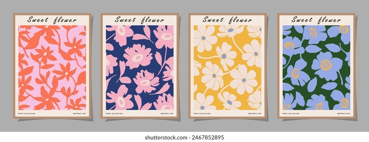 Set of Abstract groovy floral posters. Trendy botanical wall art with flower design print in vibrant colors. Modern naive for interior decor, cover, card, template, banner, wallpaper and background.