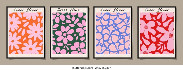 Conjunto de Abstractas pósters florales. Arte de pared botánico de moda con impresión de diseño de flores en colores vibrantes. Moderno naive para la decoración de interiores, cubierta, tarjeta, Plantilla, Anuncio, Fondo de pantalla y fondo.