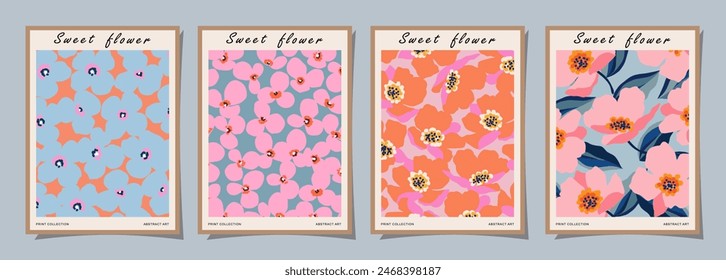 Set of abstract groovy floral posters. Trendy botanical wall art with flower design print in vibrant colors. Modern naive for interior decor, cover, card, template, banner, wallpaper and background.