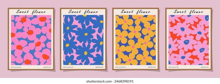 Set of abstract groovy floral posters. Trendy botanical wall art with flower design print in vibrant colors. Modern naive for interior decor, cover, card, template, banner, wallpaper and background.